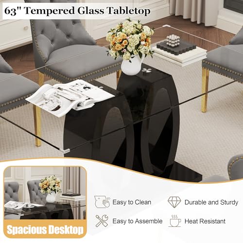 63" Glass Dining Table Set for 6 (Black Table & Gold Grey Chair / 7-Piece Set-Double O-Shaped Table)