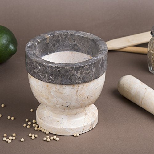 Handcrafted Mortar and Pestle Solid Marble Grinder for Spices and Herbs Artisan Carved from Yushan Marble Elegant and Durable for Everyday Cooking (Beige and Charcoal / 5.9" Diam. x 5.9" H)