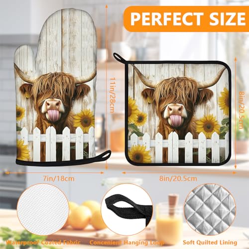 Sunflower Highland Cow Oven Mitts and Pot Holders Sets 4Pcs (Sunflower Highland Cow)