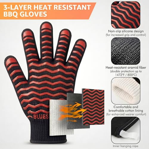 BBQ Gloves 1472°F Heat Resistant Oven Gloves with Fingers (Black-red / One Size Fits Most)