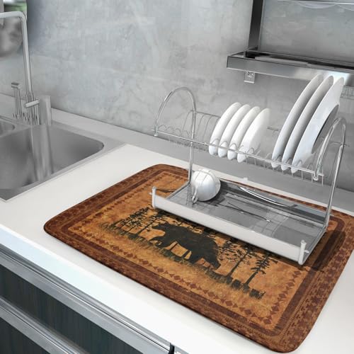 Forest Bear Dish Drying Mat 18x24 Inch Rustic Cabin Washable Microfiber Absorbent Dishes Drainer Rack Pad for Kitchen Counter Home Decor (Retro Forest Bear / 18" x 24")