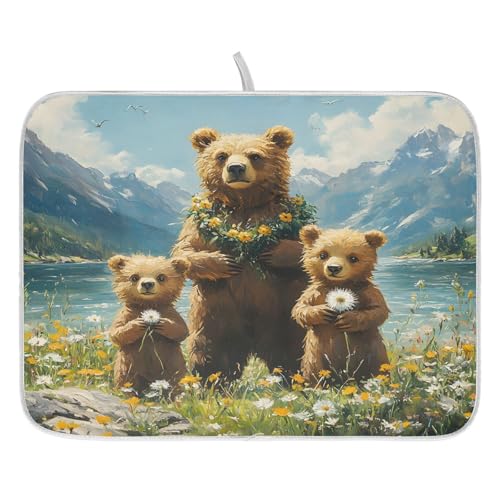 Three Bear Dish Drying Mat for Kitchen Counter Absorbent Microfiber Large Drying Pad Dandelion Wildflowers Dish Mats for Kitchen Countertops 18 x 24 Inch (24" x 18")