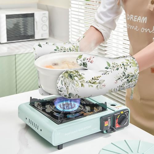 Sage Green Eucalyptus Oven Mitts and Pot Holders Sets Silicone Watercolor Butterfly Leaves Kitchen Mitts Potholders Heat Resistant 4Pcs Oven Gloves Hot Pads for Kitchen Baking Cooking (Green Eucalyptus)
