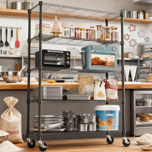 1750LBS 47.2" W 5 Tiers Storage Shelves Metal Shelving Unit with Wheels Heavy Duty Garage Shelving Adjustable Wire Shelves for Pantry (5 tier, 17.7" D x 47.2" W x 76.8" H / Black)