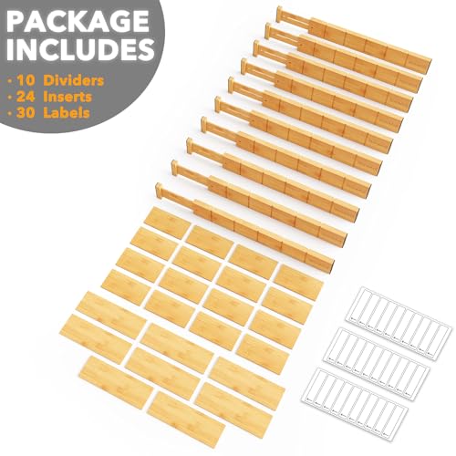 Bamboo Drawer Dividers with Inserts and Labels (2.35''H, 17''-22''L, 10 Dividers / NATURAL)