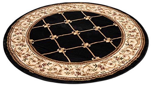 Timeless Collection Fleur De Lis Black 8' Foot Round Luxurious Traditional French Aubusson Oriental Area Rug Perfect for Living Room Bedroom or Dining Room Easy (7'10" (Round) / Black)