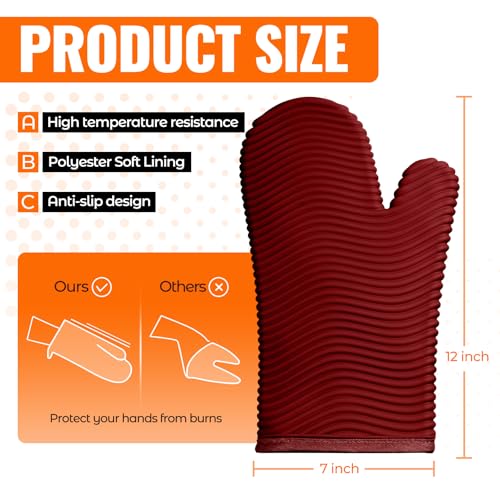 Silicone Oven Mitts (2PCS-12"L x 7"W/RED-WAVE SURFACE)