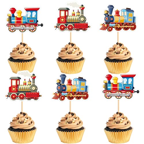 24Pcs Transportation Trains Cupcake Toppers Cartoon Vintage Locomotiv Cupcake Picks for Retro Train Boys Girls Funny Birthday Party Baby Shower Cupcake Decorations Train Transportation Party Decors (Red)