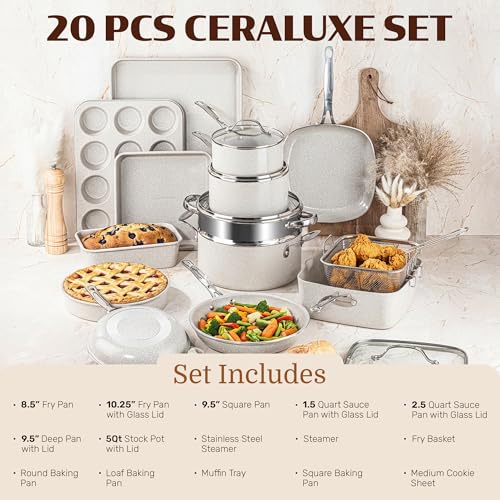 Ceraluxe 20Pc Pots and Pans Set Non Stick Ceramic Cookware Set (Beige Speckle)