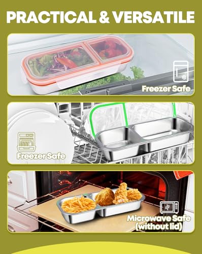 2 Pack Stainless Steel Snack Containers (2 compartment Orange Green)