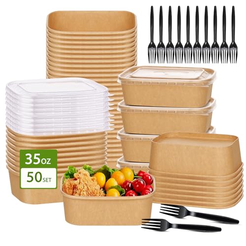 50 Pack 35oz Disposable Kraft Paper Bowls【with Lids and Forks】 (50 Count)