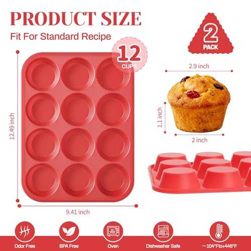 2Pack Silicone Muffin Pans with Metal Reinforced Frame (2Pack Red)
