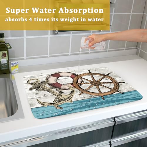 Nautical Anchor Dish Drying Mat 18x24 inch Coastal Boat Fast Dry Microfiber Reversible Dish Drainer Pad Kitchen Countertop Tabletop Decor (Marine Anchor / 18" x 24")