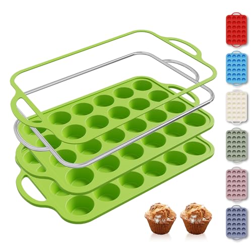2 Packs 24 Cups Silicone Muffin Pan with Metal Reinforced Frame Mini Size Cupcake Pan Tray Egg Bites Silicone Circle Cookie Molds Muffin Tin Tart Pans Baking Sheet Set for Breakfast Sandwiches (2pc: 24-Cup Mini / Green)