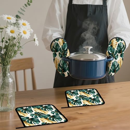 Palm Leaf Golden Tropical Oven Mitts and Pot Holders Set (4 Count)