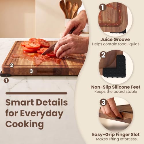 Large Acacia Wood Cutting Board Set for Kitchen with Storage Stand (Brown)