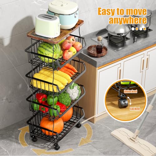 5 Tier Fruit and Vegetable Basket for Kitchen with Wheels (5 Tier / Black With Wooden Top)