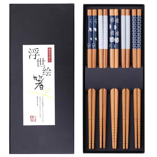 5 Pairs Bamboo Chopsticks Reusable Chop Sticks Japanese Style Bamboo Chopstick with Black Box Lightweight 8.8 Inch (Blue & White)