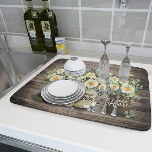 Flower Vase Dish Drying Mats 18×24 Inch Rustic Wood Reversible Microfiber Kitchen Countertop Protector Fast Dry Dish Drainer Rack Pad (flower vase wood / 18" x 24")