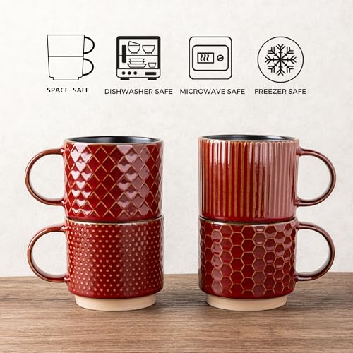 12 OZ Stackable Coffee Mugs Set of 4 (Rythmic Red / 12 Ounces)