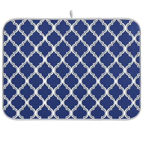 Navy Blue Trellis Lattice Dish Drying Mat for Kitchen Counter Absorbent Microfiber Drying Pad (18" x 24")