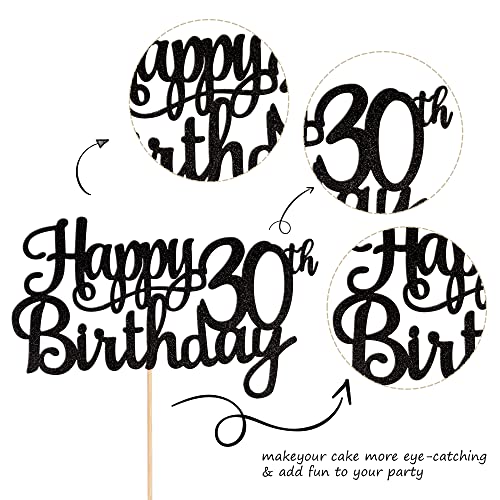 1 PCS Happy 30th Birthday Cake Topper Glitter Cheers to 30 Years Birthday Cake Pick 30 Fabulous Cake Decoration for Happy 30th Birthday Anniversary Party Decorations Supplies Black (Black / 30th)