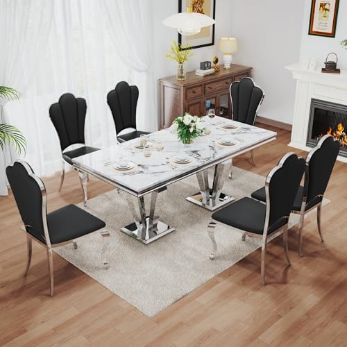 7 Piece Luxury Dining Room Set (Silver White + Black / Dining Table + 6 Petal Chairs)