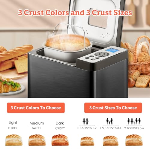 19-in-1 Programmable Bread Maker,2LB Large Bread Machine Stainless Steel with Sourdough,Gluten-Free,Nonstick Ceramic Pan,650W Bread Maker Machine with 15H Timer&1H Keep Warm,3 Crust Colors,Recipes (2LB Large Size)