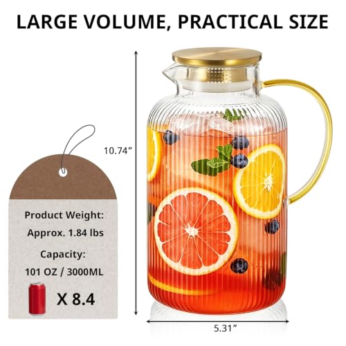 3 Liter 101 oz Stripes Gold Glass Pitcher with Lid and Handle (Stripes Gold / 101.4 Ounces)