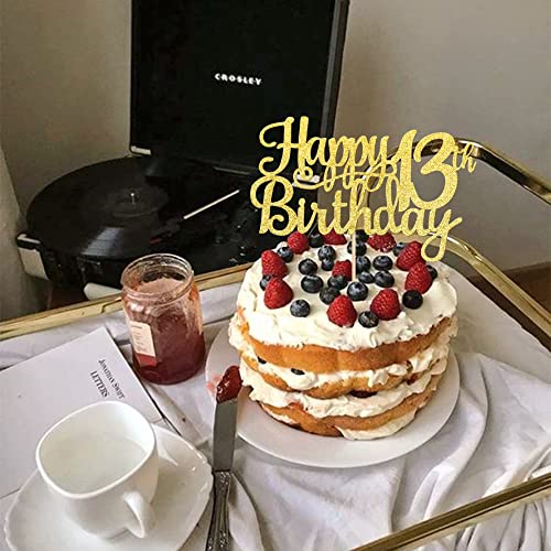 1 PCS Happy 13th Birthday Cake Topper Gold Glitter Cheers to 13 Years Birthday Cake Pick Official Teenager 13 Fabulous Cake Decoration for Happy 13th Birthday Theme Party Decorations Supplies (Gold / 13th)