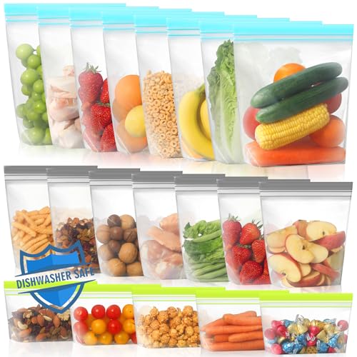 20 Pack Stand Up Reusable Freezer Bags (Multicolor / 20 Pack - 8 Gallon, 7 Sandwich, 5 Snack Bags)