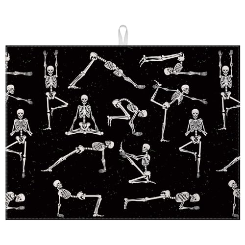 Funny Skull Yoga Dish Drying Mat for Kitchen Counter Microfiber Absorbent Dish Kitchen Drying Mat Draining Reusable Washable for Dishes