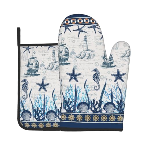 Nautical Sailboat Oven Mitts and Pot Holder Set of 2 Ocean Starfish Heat Resistant Oven Glove Washable Potholder for Kitchen Cooking Baking (Nautical Sailboat)