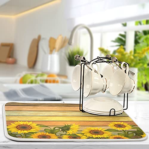 Super Absorbent Dish Drying Mat (Sunflower On Wooden Board Vintage / 18" x 24")