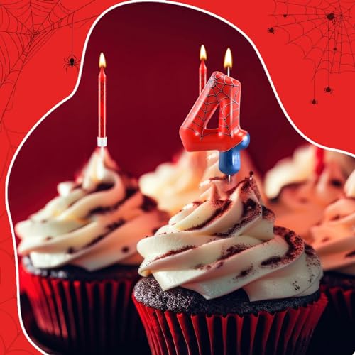 13 Pcs Spider Themed Birthday Candle Set Red Spider Theme Number 4 Candle Cake Topper for Boys Girls Birthday Decoration Spider Party Decoration Supplies (13 Count)