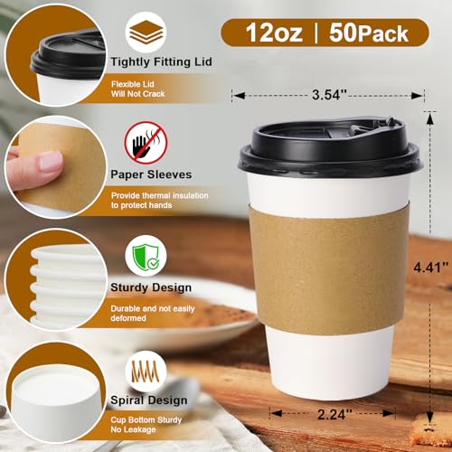 50 Pack 12 oz Disposable Coffee Cups With Lids and Sleeves (White / 12OZ-50 PACK)