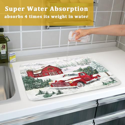 Winter Red Truck Dish Drying Mat Christmas Tree Dishes Pad 18x24 Inch Dish Drainer Rack Mats Absorbent Fast Dry Kitchen Holiday Accessories (Christmas Red Truck / 18" x 24")