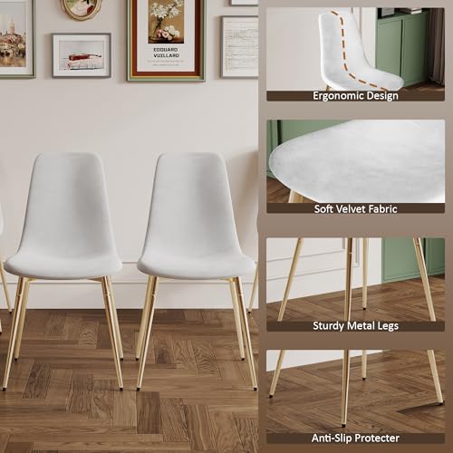 36" Round Glass Dining Table Set for 4 (Gold Round Table/White Velvet Chairs / 5 Pieces)