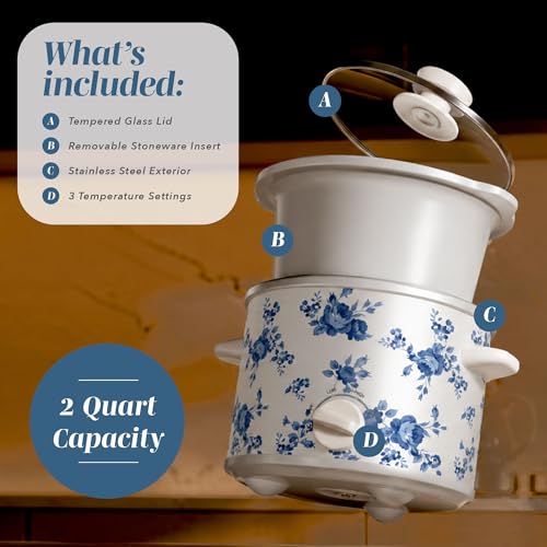 2QT Mini Electric Round Slow Cooker (Floral Blue / 2 Quarts)