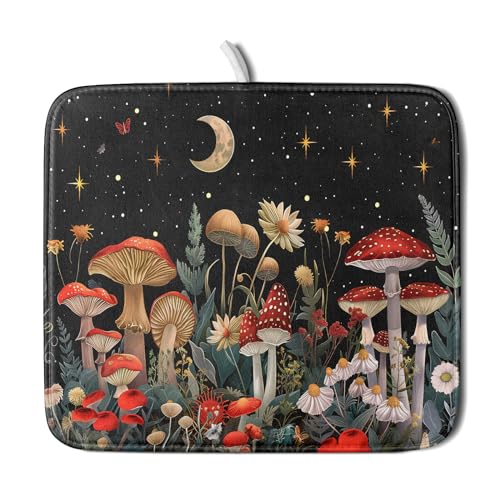 Black Mushroom Dish Drying Mat for Kitchen Counter Leaves Botanical Microfiber Dish Rack Mat Drainer Pad Washable Absorbent Dry Mat 16x18 Inch (Black Mushroom / 16" x 18")