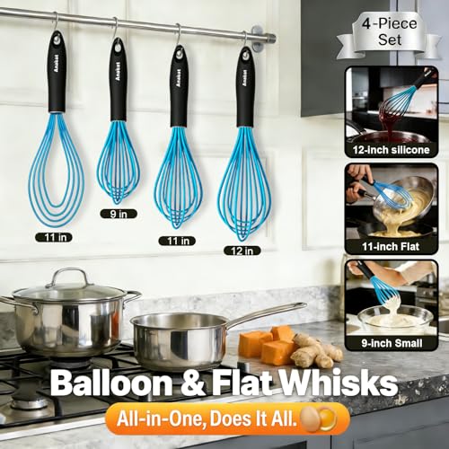 Silicone Kitchen Whisk Set of 4 (9+11+12 &11 inch / 4 Pcs Blue)