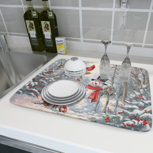 Winter Snowman Dish Drying Mat for Kitchen Counter Red Bird Berry Dishes Drainer Mats Holiday Microfiber Absorbent Dish Rack Pad 18x24 Inch (Winter Snowman Deer / 18" x 24")