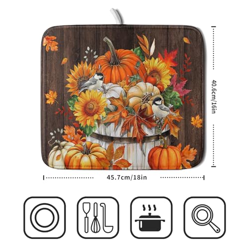 Fall Pumpkin Dish Drying Mat for Kitchen Counter Decor 16x18 Inch Halloween Thanksgiving Dish Drainer Mats Absorbent Reversible Dishes Pad (Pumpkin Bucket / 16" x 18")