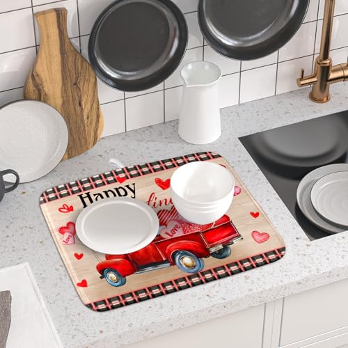 Valentine's Day Truck Dish Drying Mat 16x18 inch Love Heart Washable Absorbent Dishes Pad Dish Drainer Mat for Kitchen Counter Sink Coffee (Love Heart Truck / 16 x 18 inch)