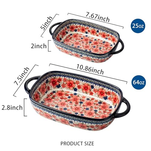 Baking Dish Ceramic Baking Pan Blue Casserole Dish Porcelain rectangular Baking Set 2pcs Bakeware Sets single serving size Lasagna Pan Baking Dishes for oven (Plum flower)