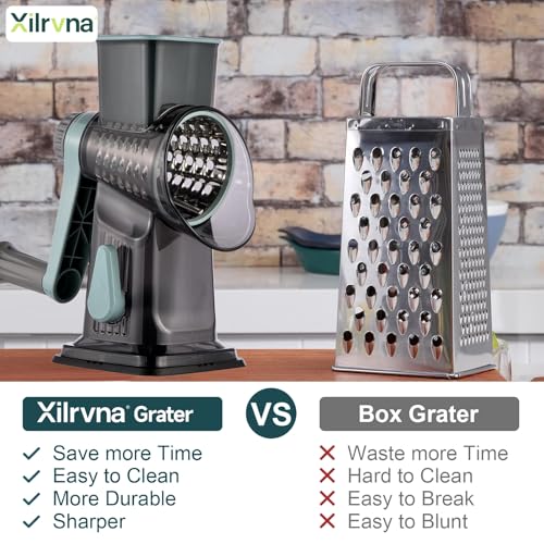 Rotary Cheese Grater with Handle Kitchen Shredder Slicer Grater Slicer Ice Shaver Cheese Vegetable Nuts Potato Zucchini Chocolate 3 Interchangeable Blades (9.06"L x 4.33"W x 9.07"H / Blue)