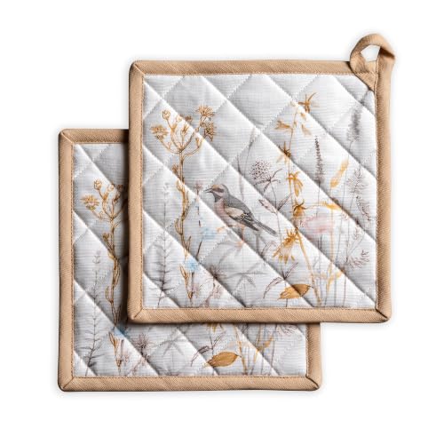 Pot Holders 100% Cotton Potholders (088 - Meadow Florals - Beige / 8" x 8" (Pot Holder Pack of 2))