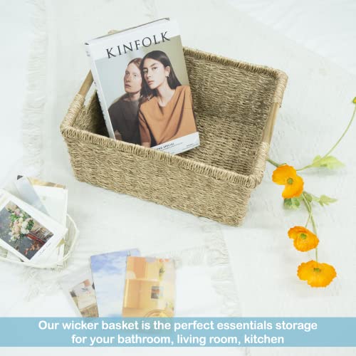 Large Wicker Storage Basket with Wooden Handles (Seagrass / Large (14.5"L x 10.3"W x 7.5"H))
