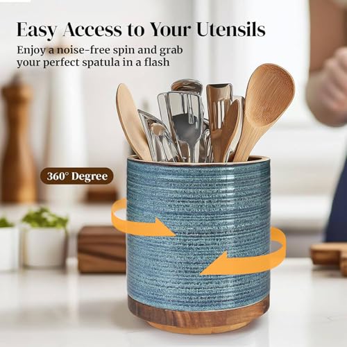 360° Rotating Extra Large Cooking Utensil Holder (Blue Ring / 7.6 Inch)