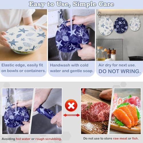 5Pcs Reusable Beeswax Elastic Bowl Covers for Bread Proofing and Food Cover (Ocean Series)